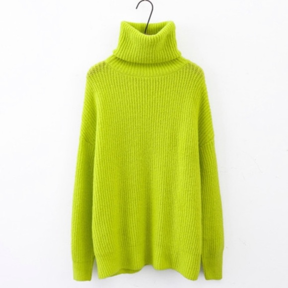 Neon green chunky knit sweater waffle neck size M - Picture 3 of 12